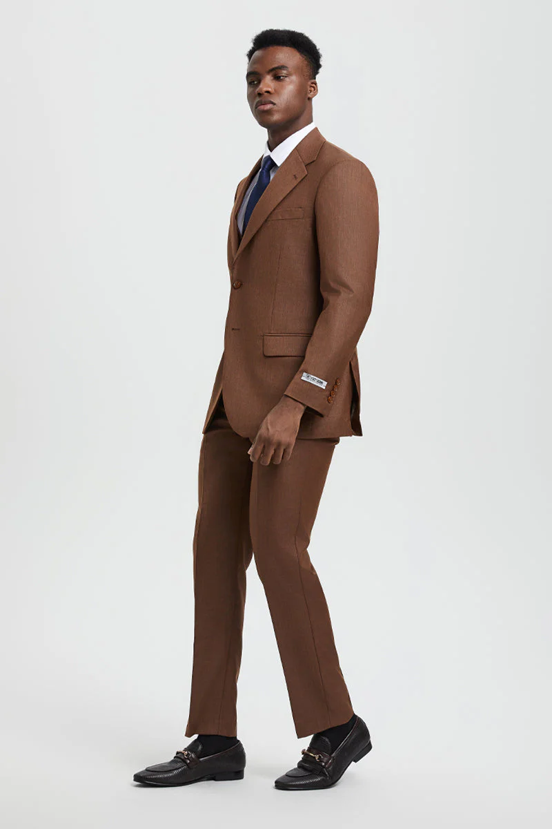 Men's Two Button Vested Stacy Adams Designer Sharkskin Suit in Cognac - Image 3