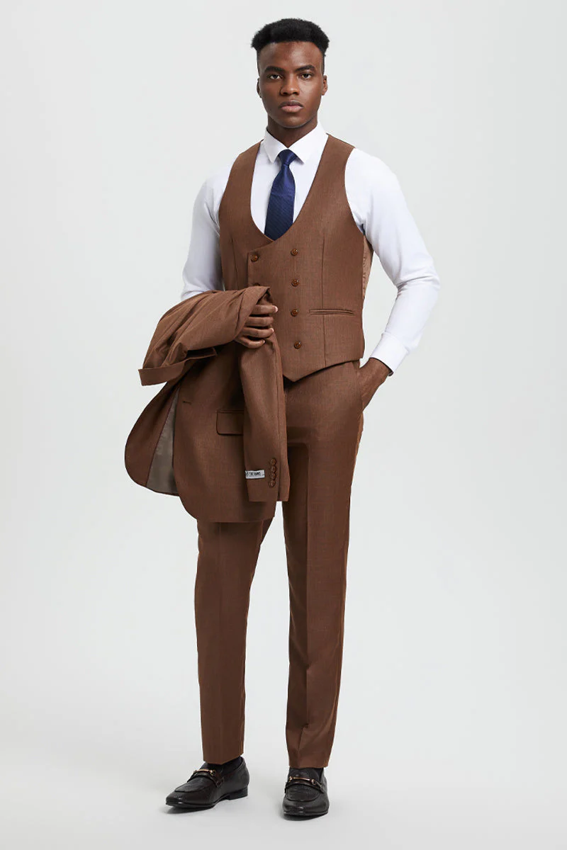 Men's Two Button Vested Stacy Adams Designer Sharkskin Suit in Cognac - Image 4
