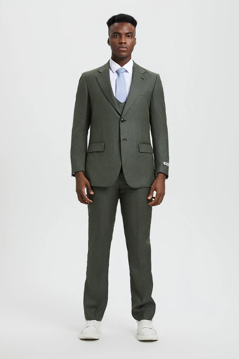 Men's Two Button Vested Stacy Adams Designer Sharkskin Suit in Olive Green - Image 2