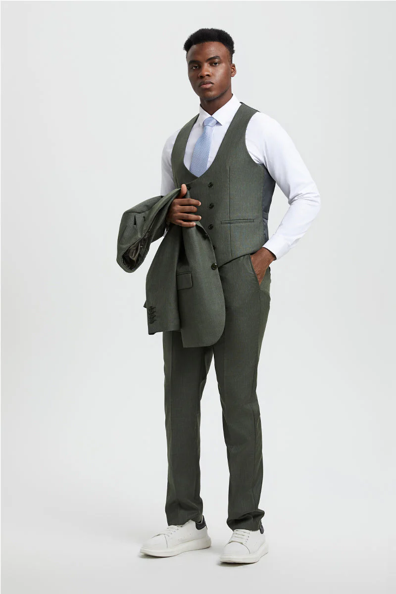 Men's Two Button Vested Stacy Adams Designer Sharkskin Suit in Olive Green - Image 3