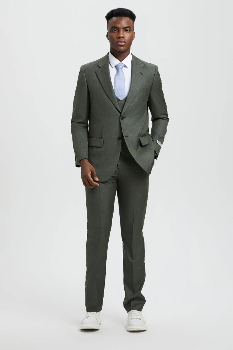 Men's Two Button Vested Stacy Adams Designer Sharkskin Suit in Olive Green - Image 4