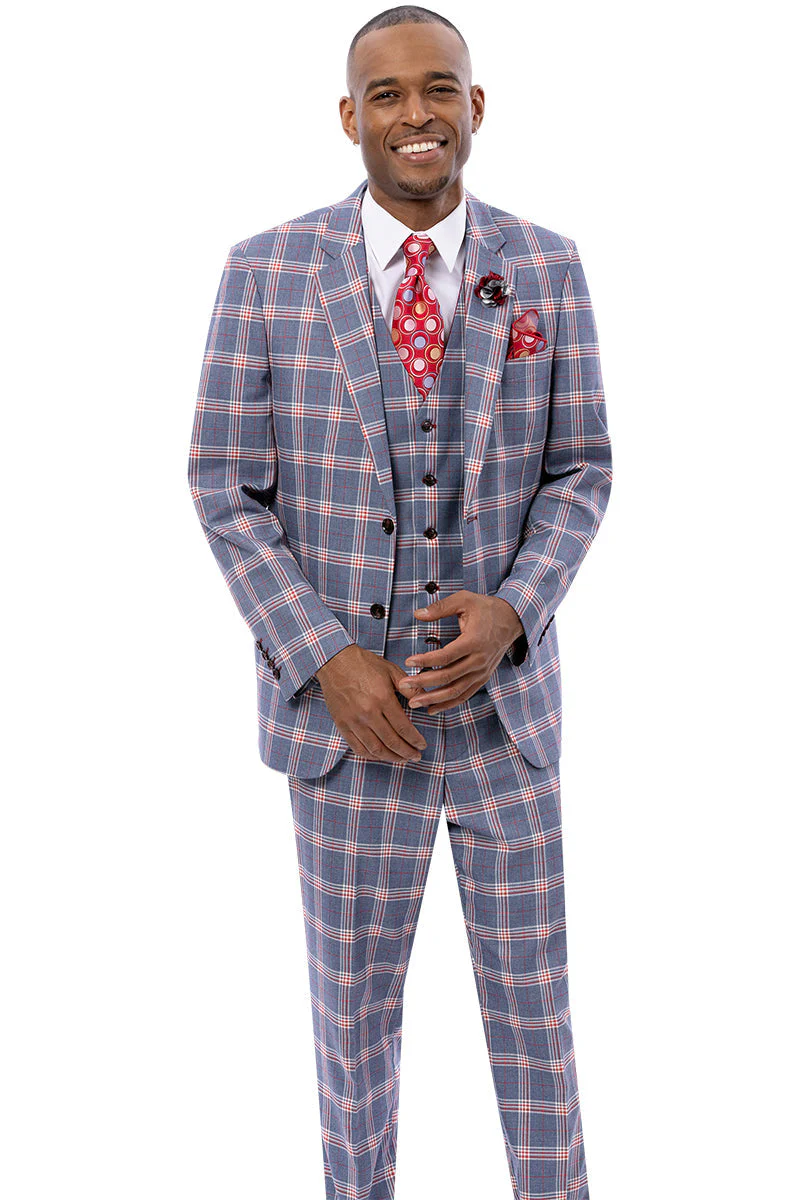 Men's Two Button Vested Suit in Grey & Red Windowpane Plaid - Image 2