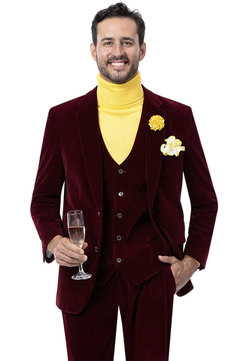 "EJ Samuel Burgundy Velvet Vested Men's Suit: Classic 2-Button Design"
