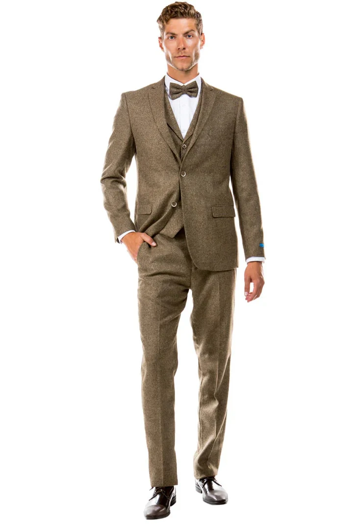 Men's Two Button Vested Vintage Style Tweed Wedding Suit in Tan - Image 2