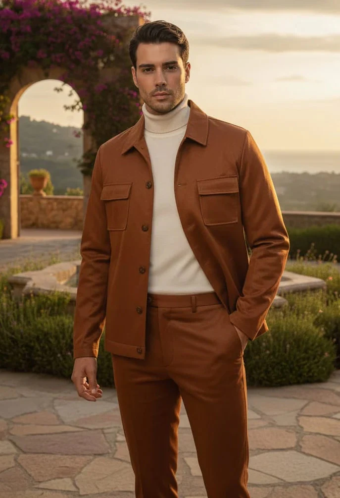 Mens Two Piece Slim Fit Faux Leather Casual Suit Brown - Image 3