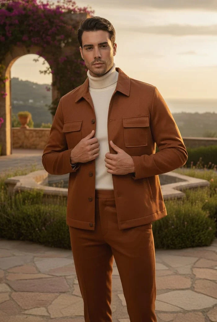 Mens Two Piece Slim Fit Faux Leather Casual Suit Brown - Image 4