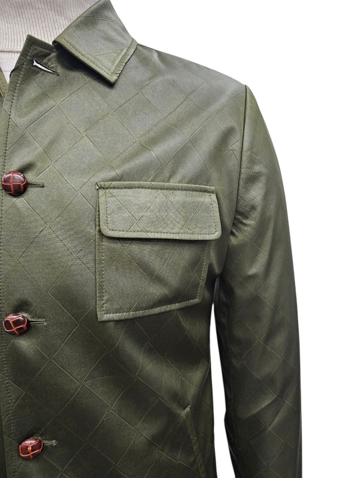 Mens Two Piece Slim Fit Faux Leather Casual Suit Olive - Image 3