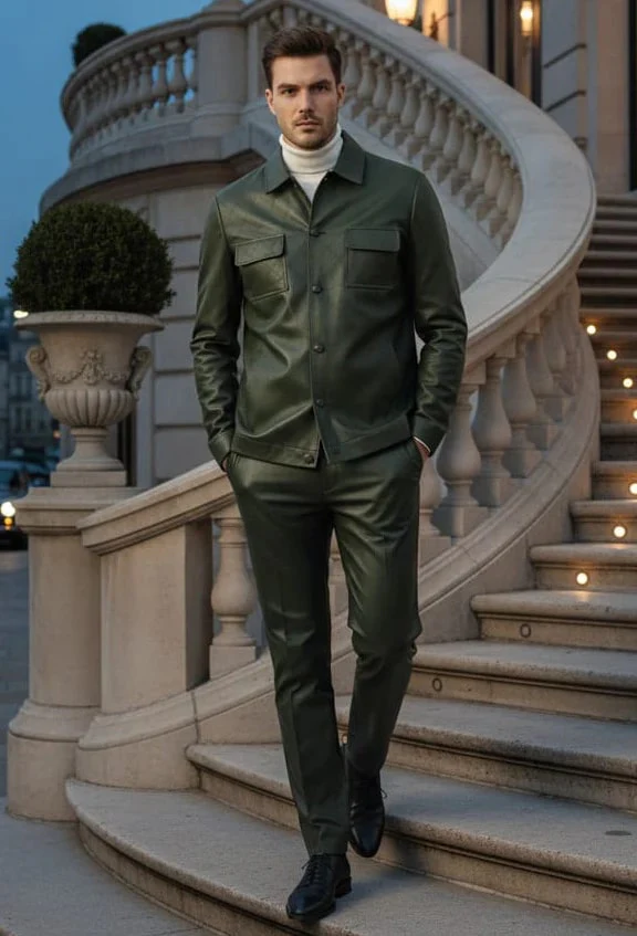 Mens Two Piece Slim Fit Faux Leather Casual Suit Olive - Image 4
