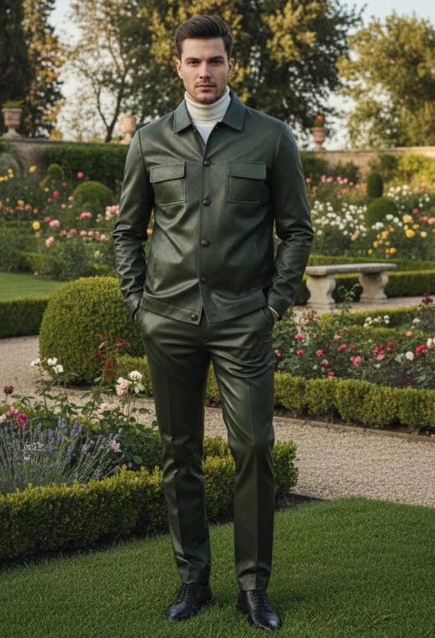 Mens Two Piece Slim Fit Faux Leather Casual Suit Olive - Image 5