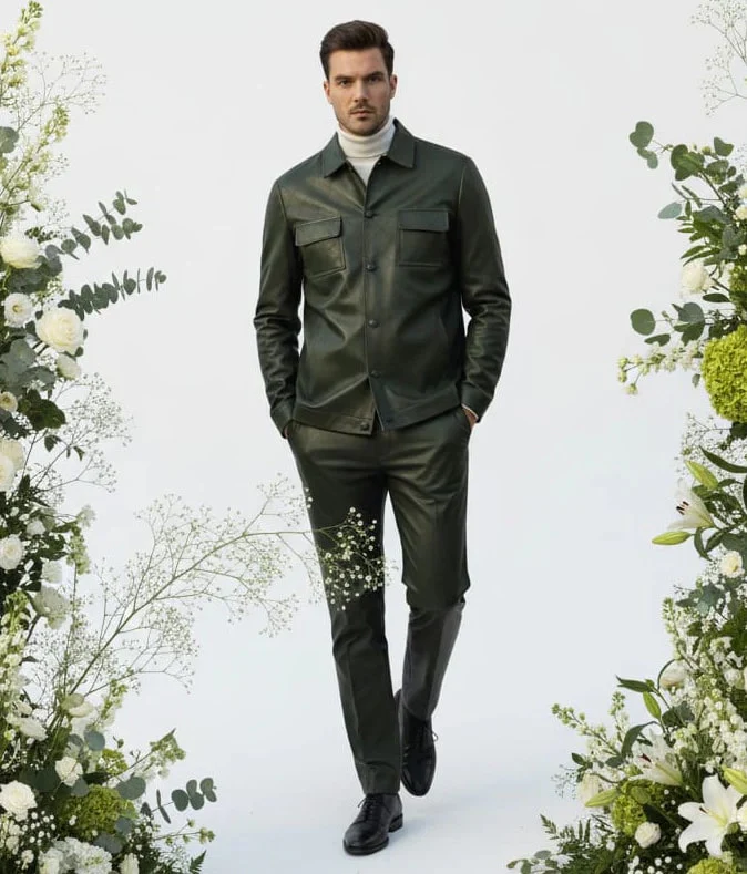 Mens Two Piece Slim Fit Faux Leather Casual Suit Olive - Image 6