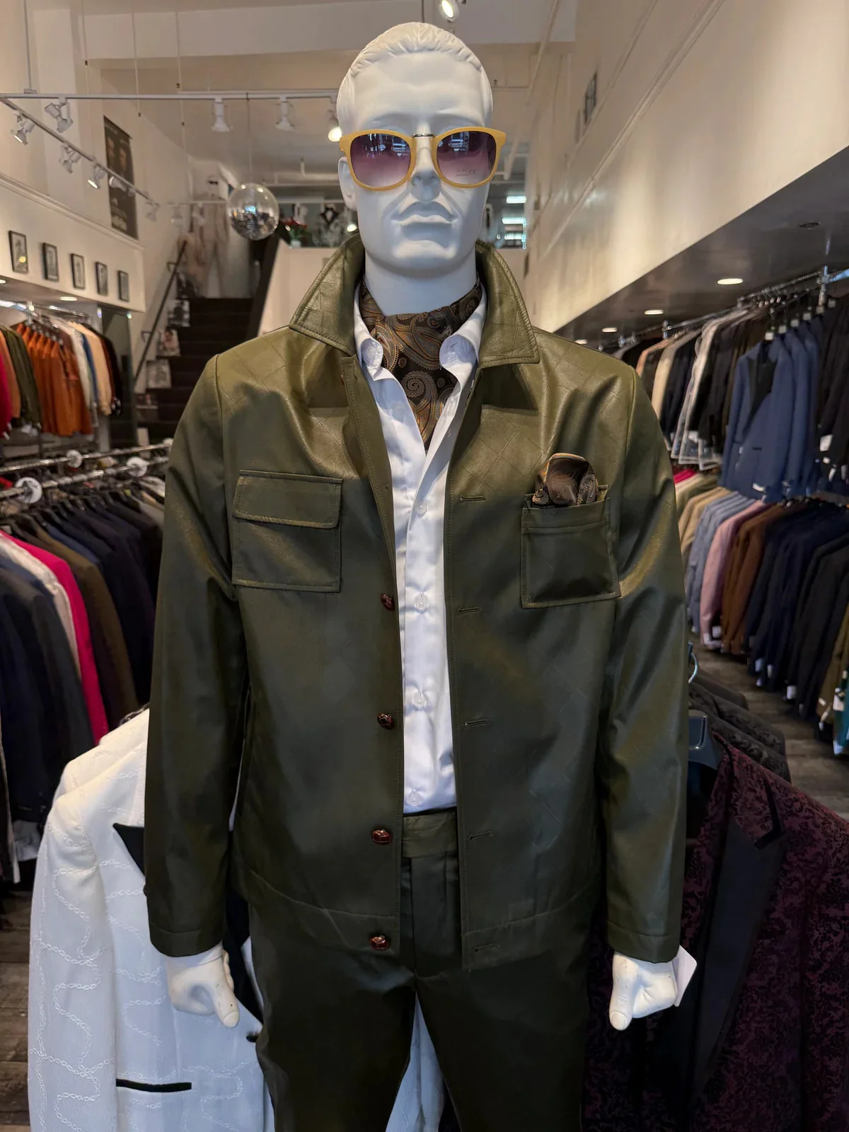 Mens Two Piece Slim Fit Faux Leather Casual Suit Olive - Image 7