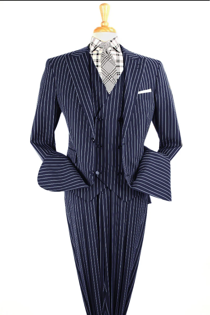 Apollo King Mens Vested 1920's Wide Bold Gangster Pinstripe Suit in Navy Blue