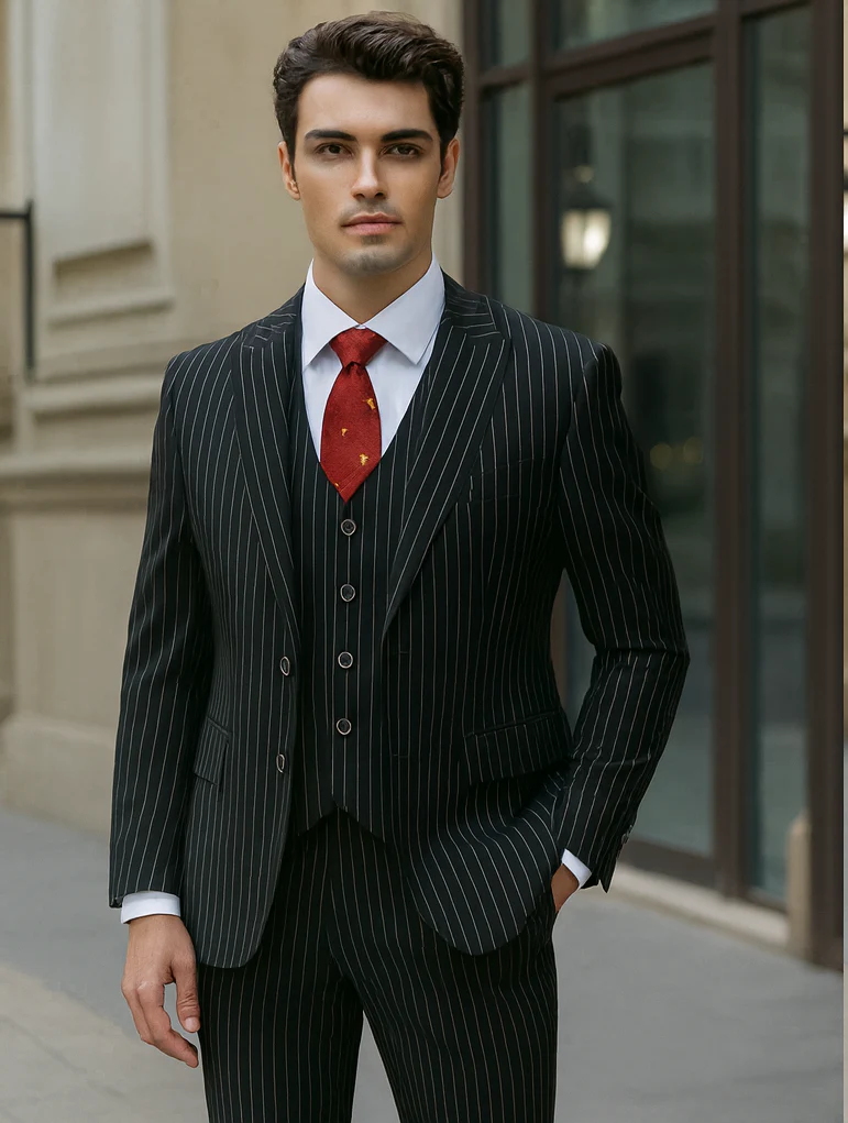 Mens Vested Gangster Pinstripe 1920's Suit in Black