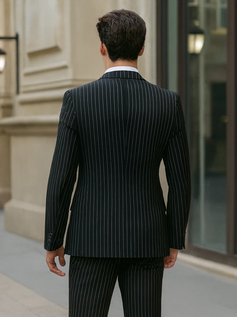 Mens Vested Gangster Pinstripe 1920's Suit in Black - Image 2