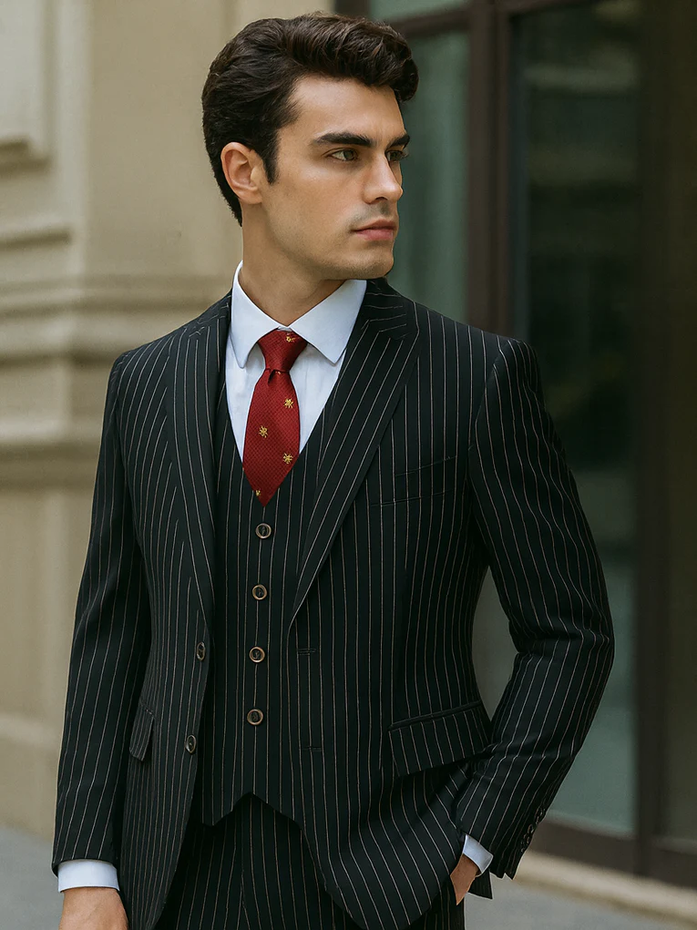 Mens Vested Gangster Pinstripe 1920's Suit in Black - Image 3