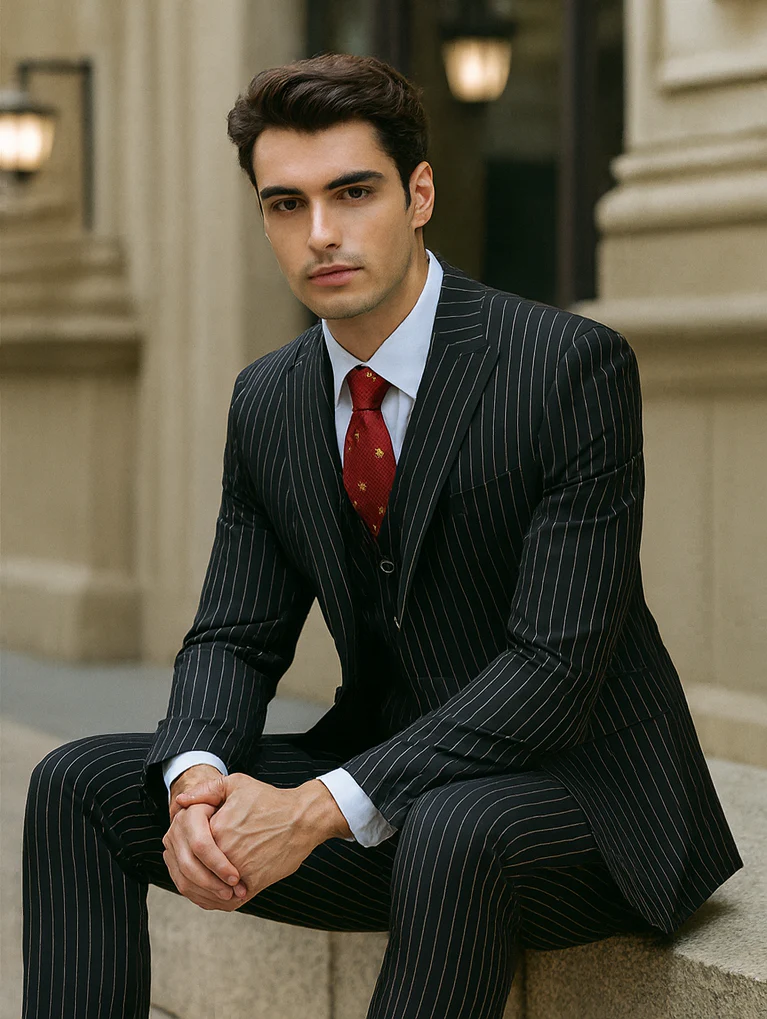 Mens Vested Gangster Pinstripe 1920's Suit in Black - Image 4