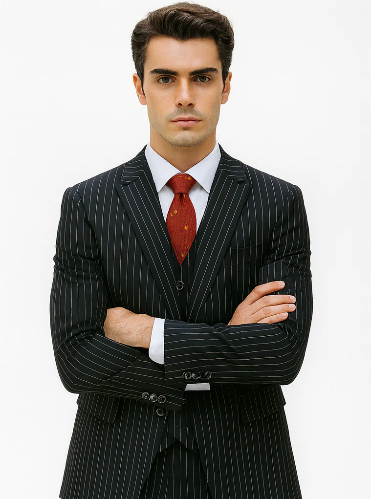 Mens Vested Gangster Pinstripe 1920's Suit in Black - Image 5
