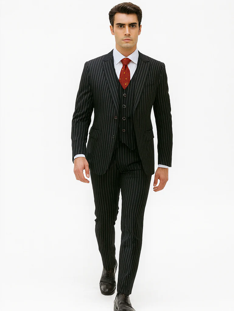 Mens Vested Gangster Pinstripe 1920's Suit in Black - Image 6
