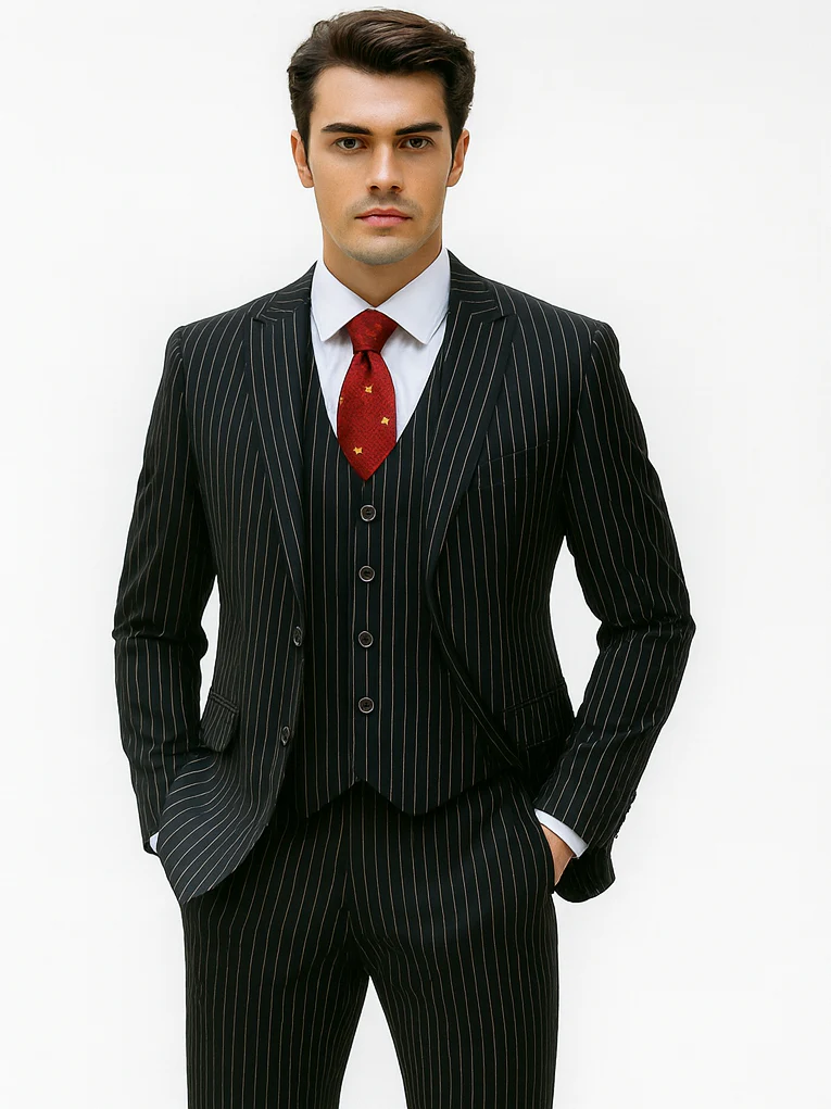 Mens Vested Gangster Pinstripe 1920's Suit in Black - Image 7