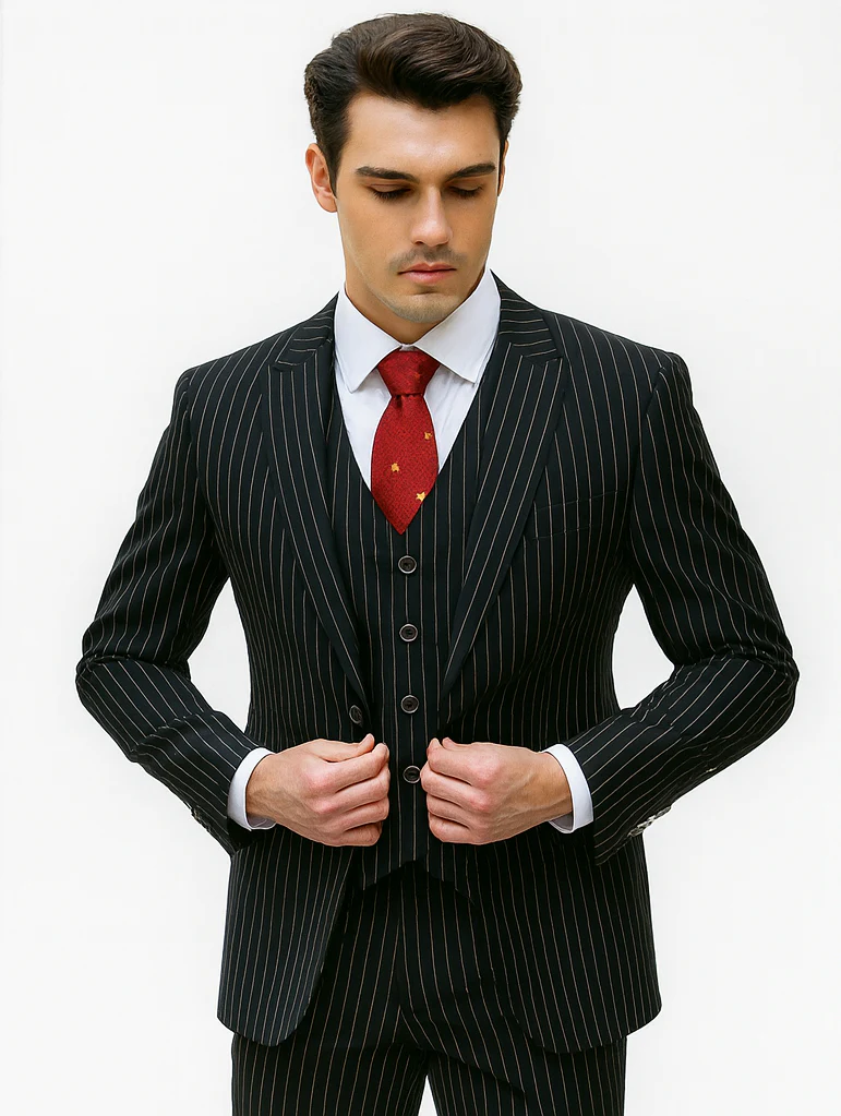 Mens Vested Gangster Pinstripe 1920's Suit in Black - Image 8
