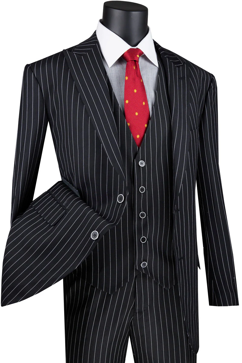 Mens Vested Gangster Pinstripe 1920's Suit in Black - Image 9