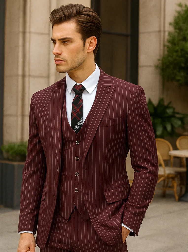 Mens Vested Gangster Pinstripe 1920's Suit in Burgundy - Image 3