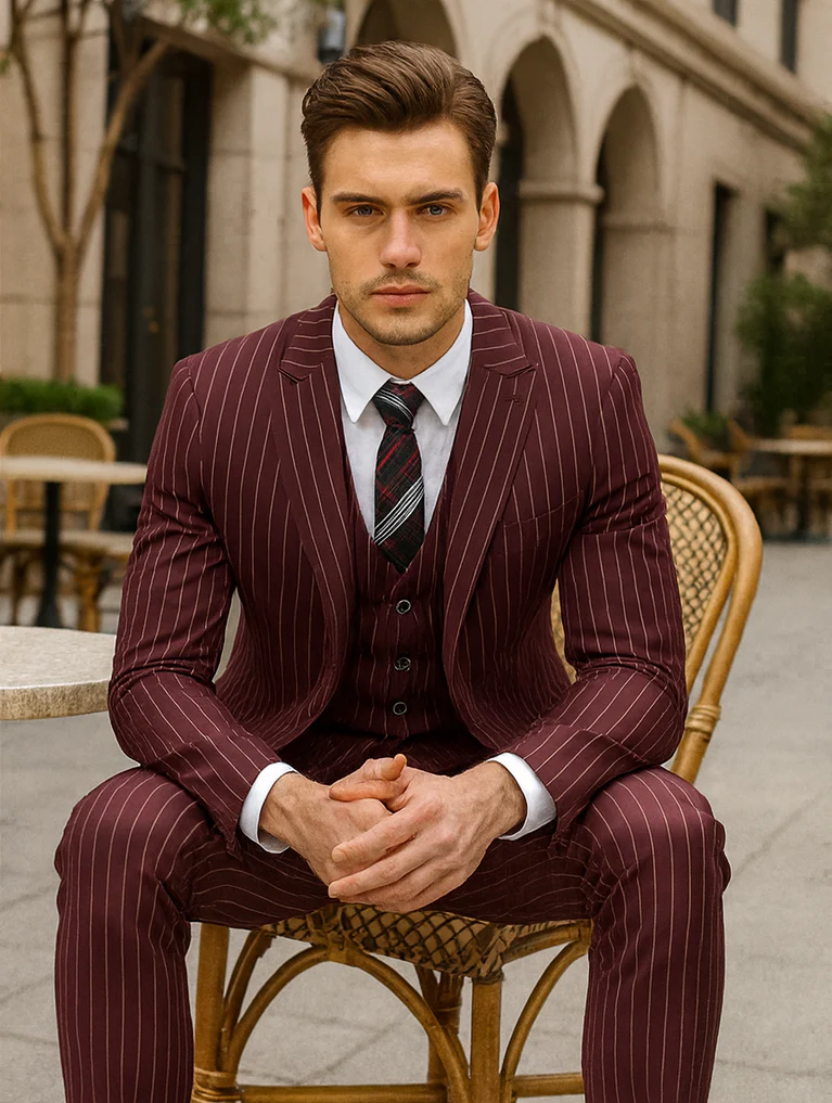 Mens Vested Gangster Pinstripe 1920's Suit in Burgundy - Image 4