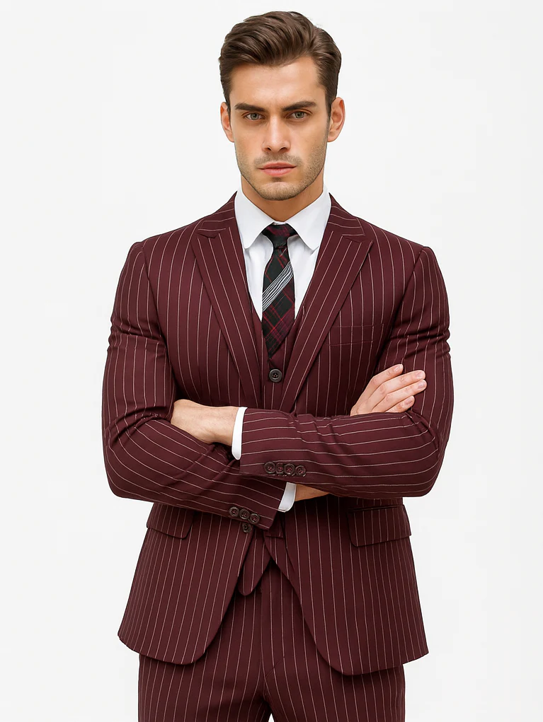Mens Vested Gangster Pinstripe 1920's Suit in Burgundy - Image 5
