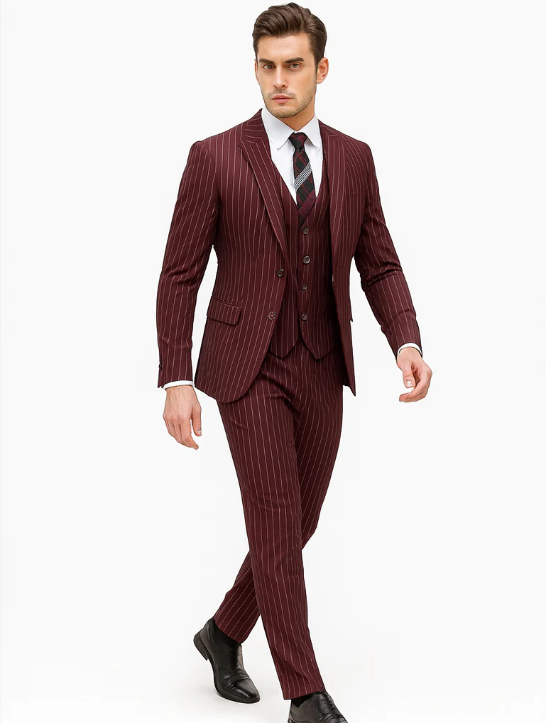 Mens Vested Gangster Pinstripe 1920's Suit in Burgundy - Image 6