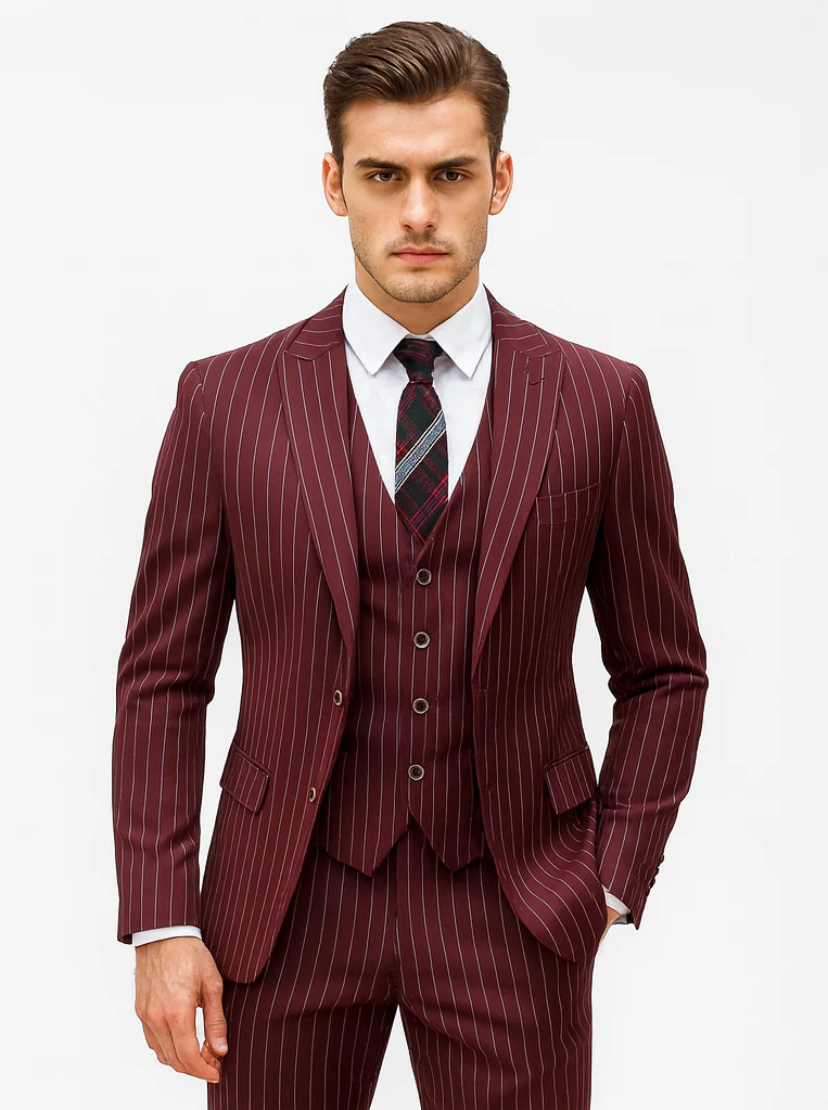 Mens Vested Gangster Pinstripe 1920's Suit in Burgundy - Image 7