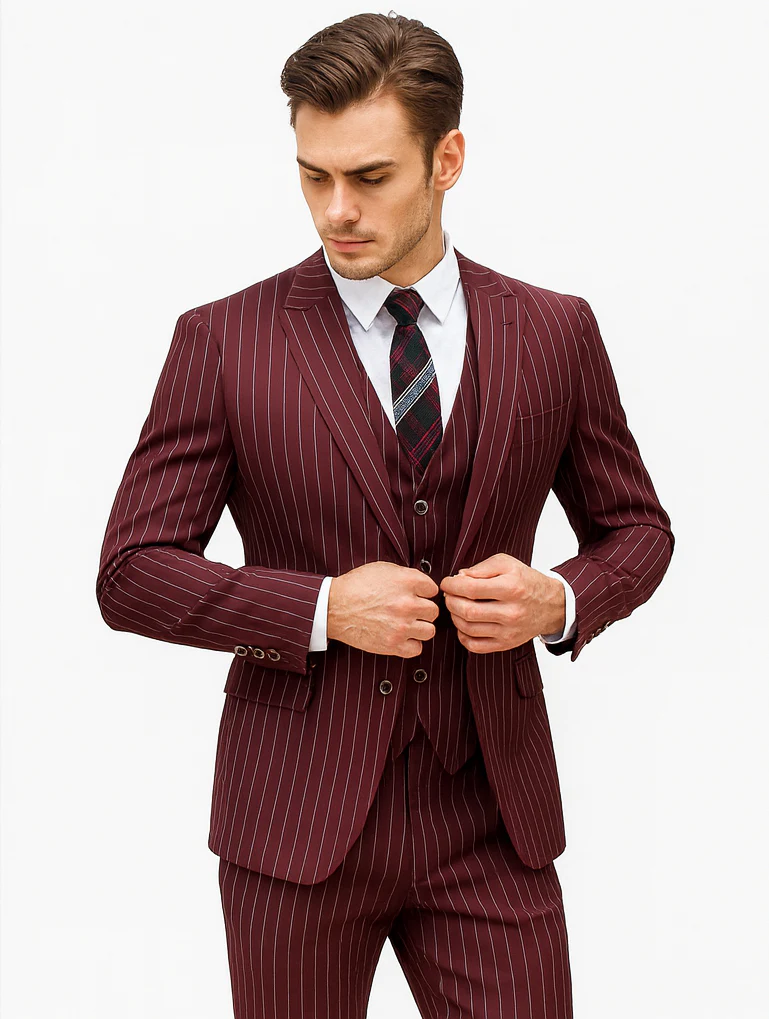 Mens Vested Gangster Pinstripe 1920's Suit in Burgundy - Image 8