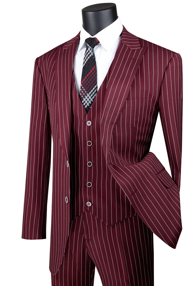Mens Vested Gangster Pinstripe 1920's Suit in Burgundy - Image 9