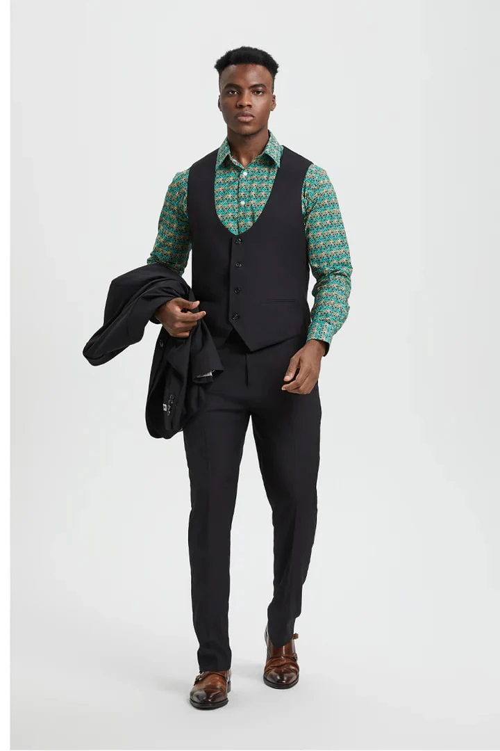 Men's Vested One Button Peak Lapel Stacy Adams Designer Suit In Black - Image 4