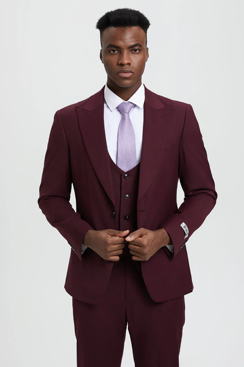 Men's Vested One Button Peak Lapel Stacy Adams Designer Suit in Burgundy - Image 6