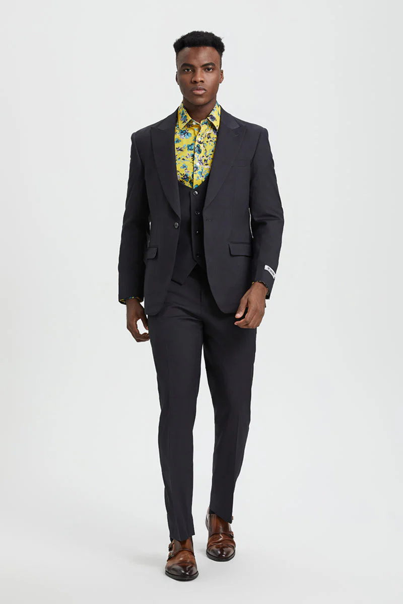 Men's Vested One Button Peak Lapel Stacy Adams Designer Suit in Charcoal - Image 2