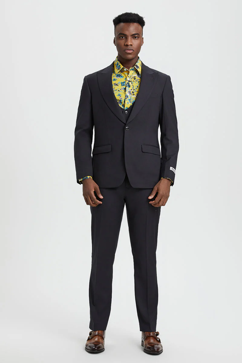 Men's Vested One Button Peak Lapel Stacy Adams Designer Suit in Charcoal - Image 3