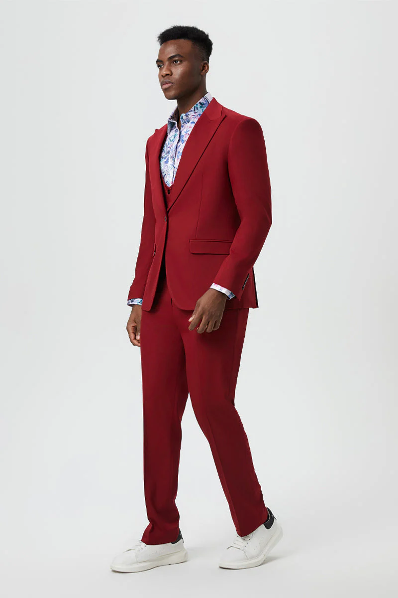 Men's Vested One Button Peak Lapel Stacy Adams Designer Suit in Cherry Red - Image 3
