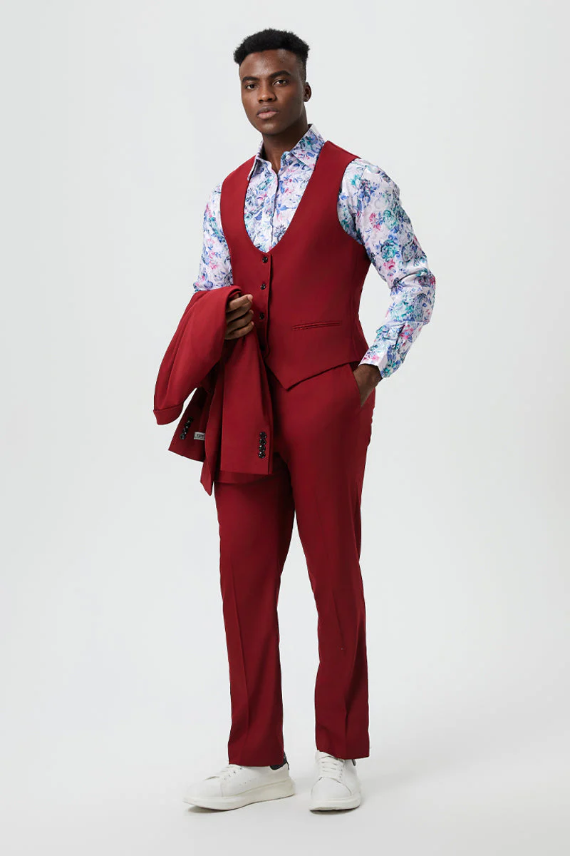 Men's Vested One Button Peak Lapel Stacy Adams Designer Suit in Cherry Red - Image 4