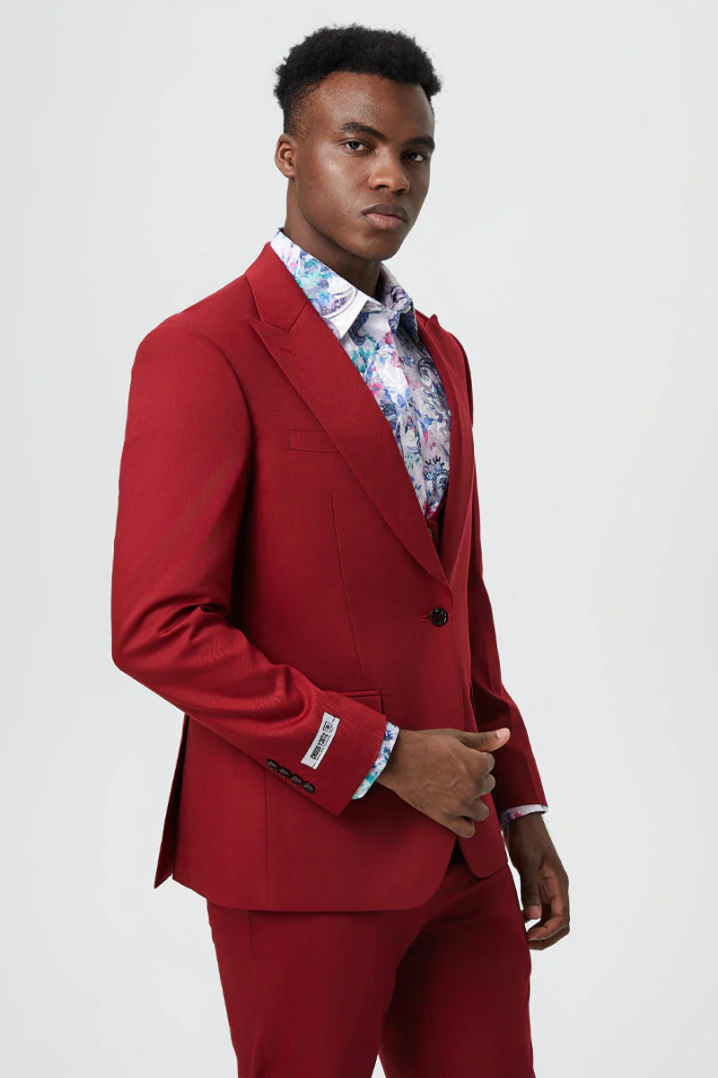 Men's Vested One Button Peak Lapel Stacy Adams Designer Suit in Cherry Red - Image 5