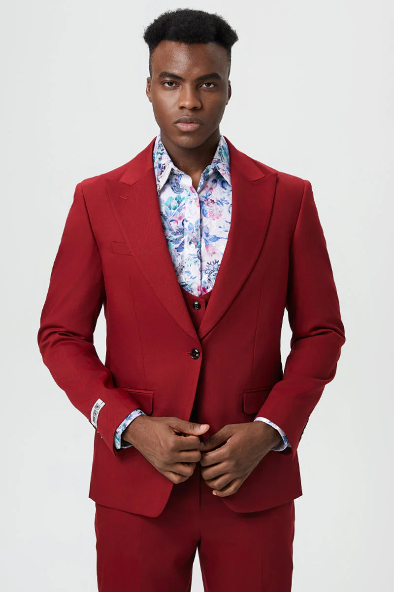 Men's Vested One Button Peak Lapel Stacy Adams Designer Suit in Cherry Red - Image 6