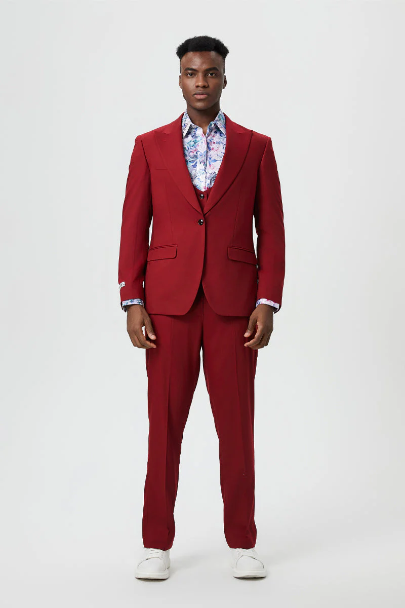 Men's Vested One Button Peak Lapel Stacy Adams Designer Suit in Cherry Red - Image 7