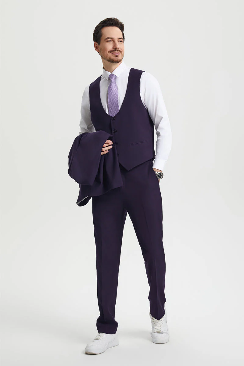 Men's Vested One Button Peak Lapel Stacy Adams Designer Suit in Eggplant - Image 3