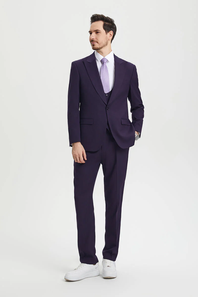 Men's Vested One Button Peak Lapel Stacy Adams Designer Suit in Eggplant - Image 4
