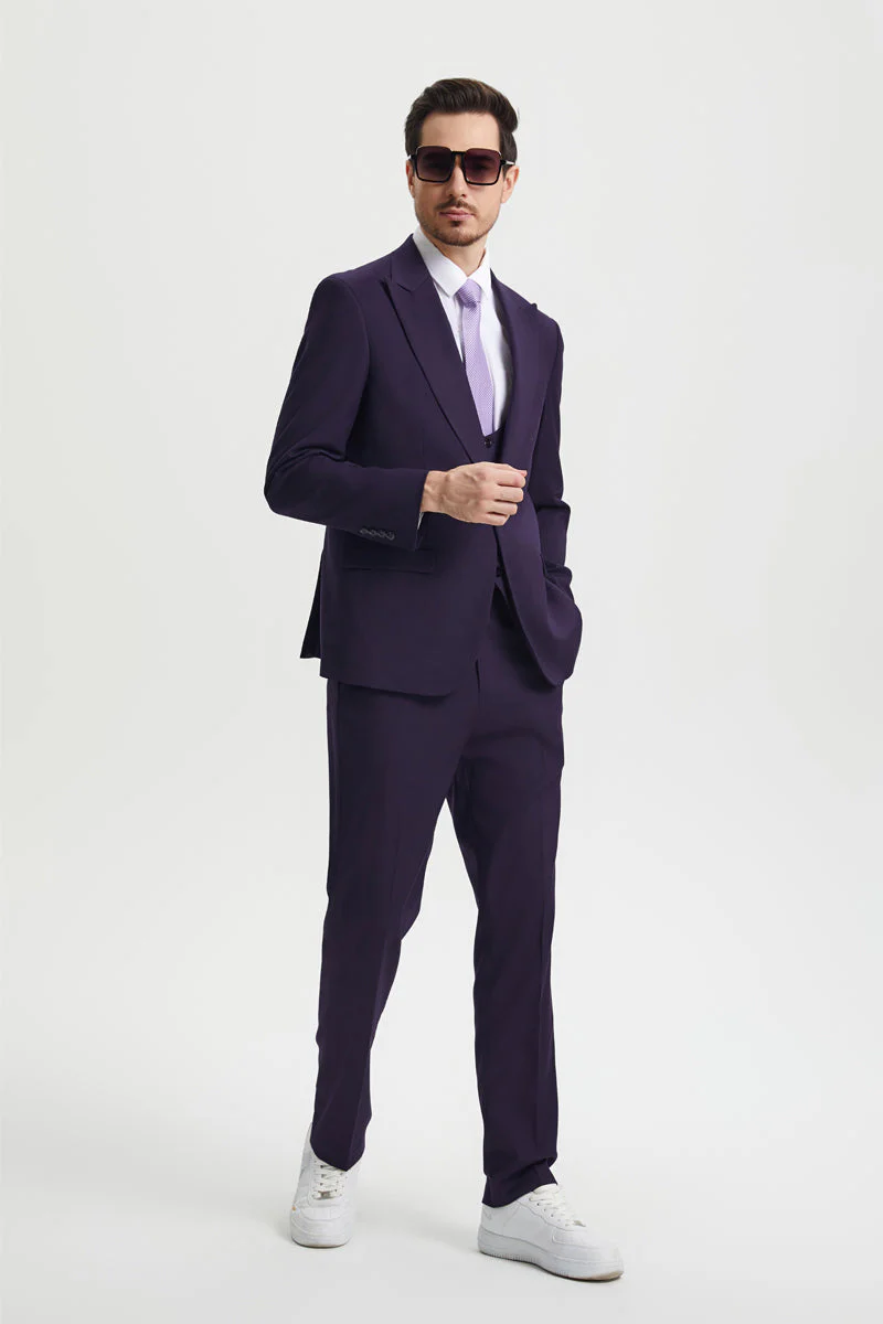 Men's Vested One Button Peak Lapel Stacy Adams Designer Suit in Eggplant - Image 5