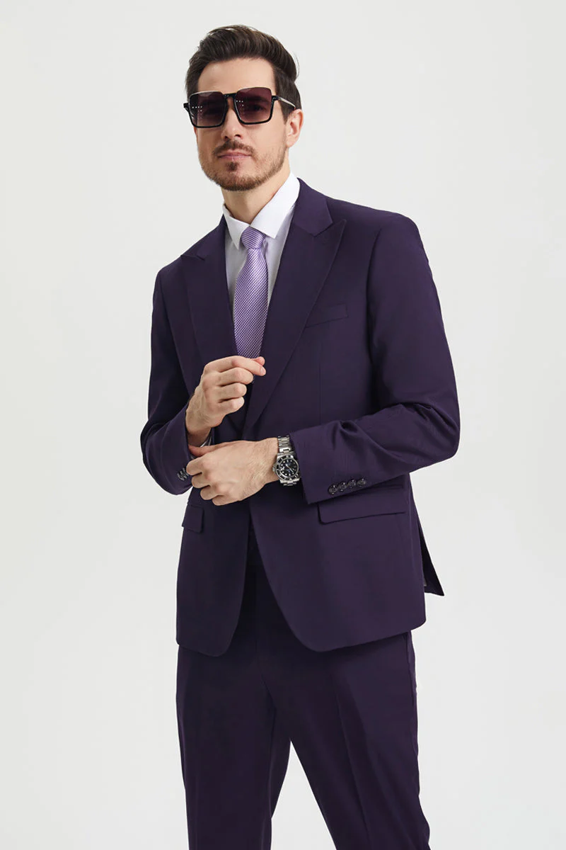 Men's Vested One Button Peak Lapel Stacy Adams Designer Suit in Eggplant - Image 6