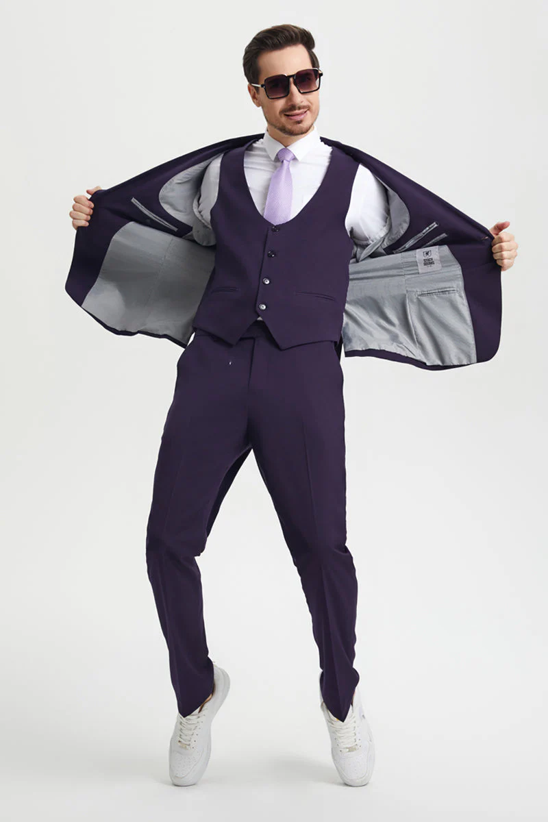 Men's Vested One Button Peak Lapel Stacy Adams Designer Suit in Eggplant - Image 7