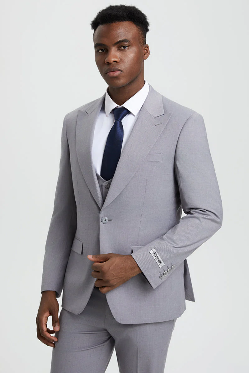 Men's Vested One Button Peak Lapel Stacy Adams Designer Suit in Light Grey - Image 7