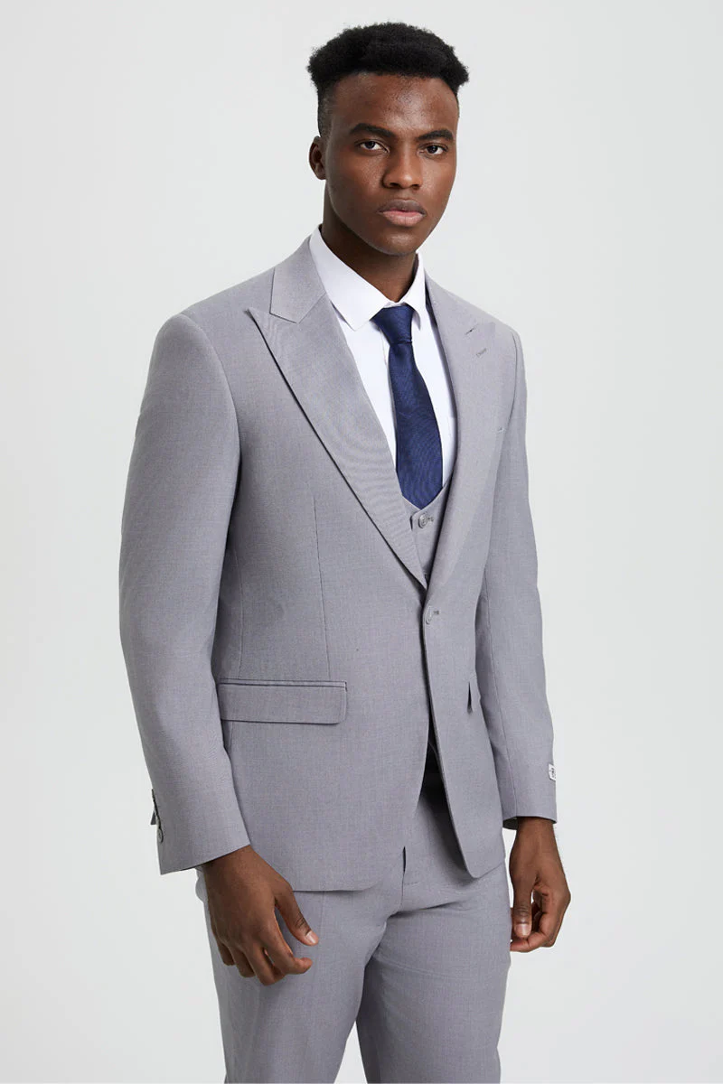Men's Vested One Button Peak Lapel Stacy Adams Designer Suit in Light Grey - Image 8