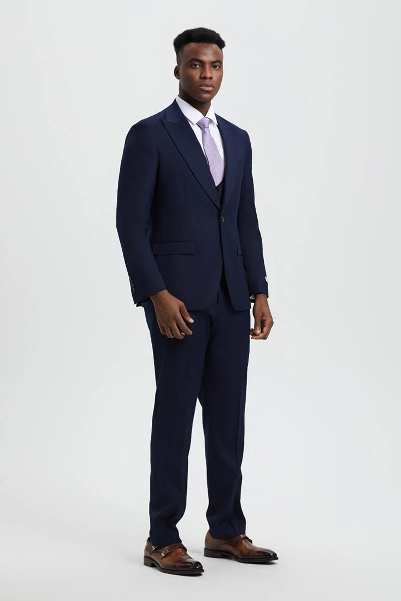 Men's Vested One Button Peak Lapel Stacy Adams Designer Suit in Navy Blue - Image 3