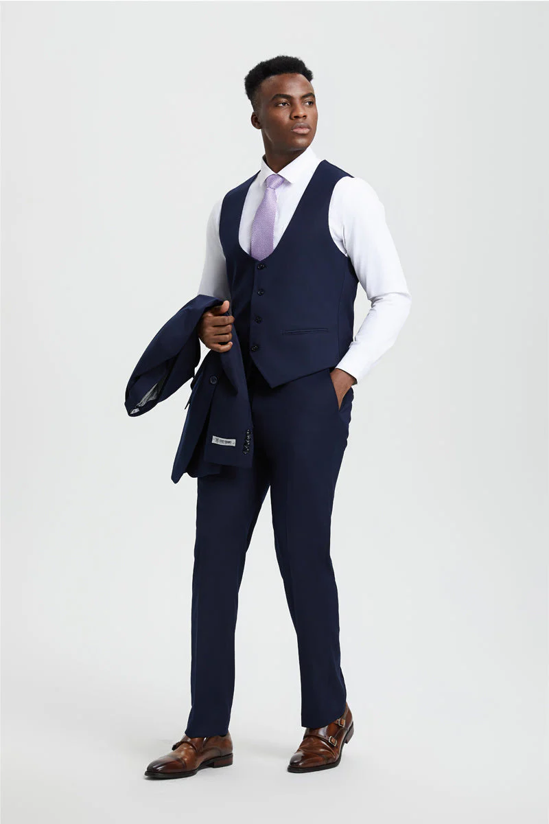 Men's Vested One Button Peak Lapel Stacy Adams Designer Suit in Navy Blue - Image 4